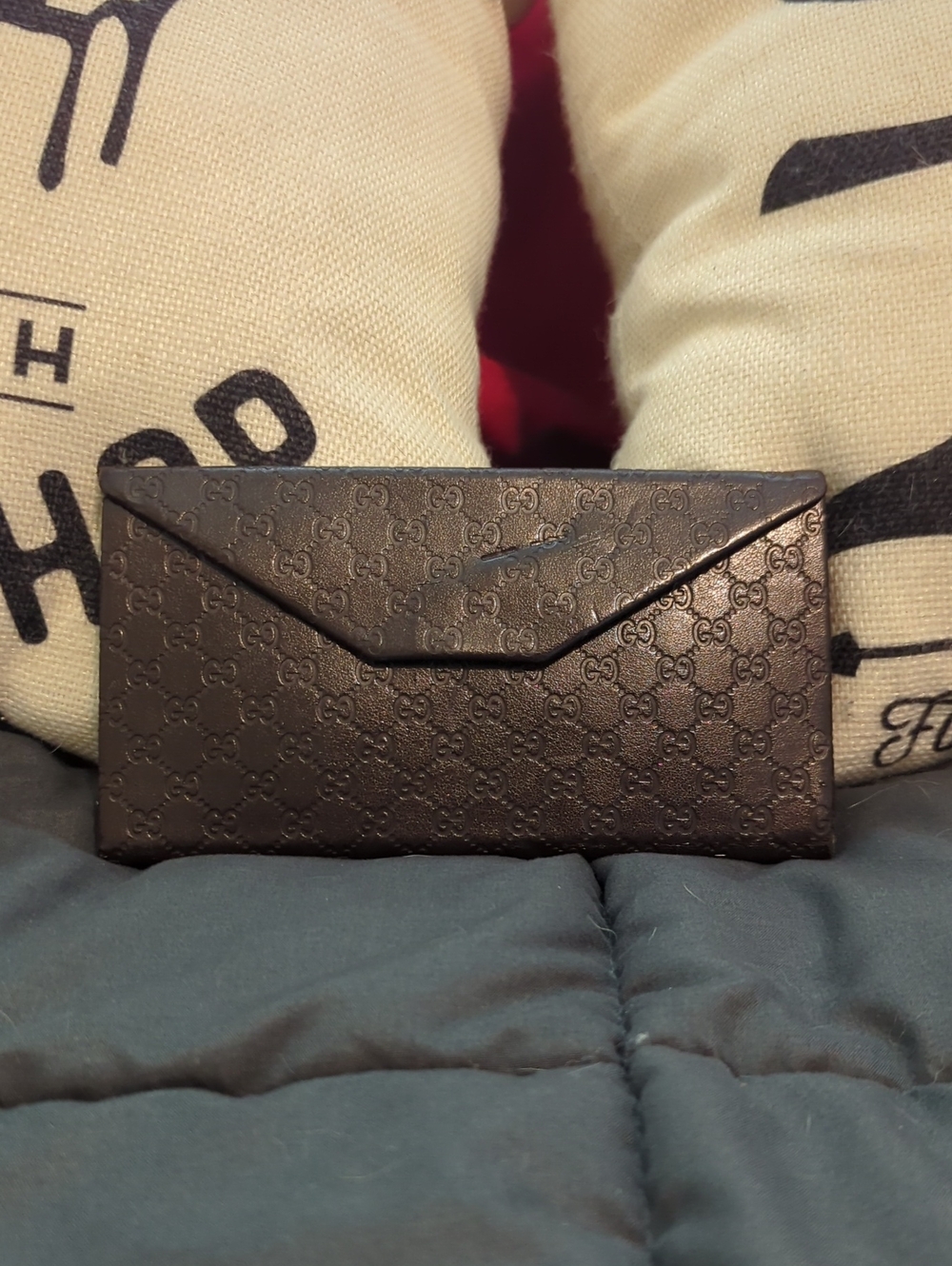 Gucci Brown GG-Embossed Leather Envelope Wallet Glasses Holder